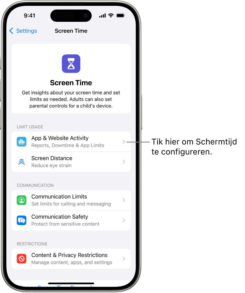 Het scherm om Schermtijd te configureren, met de knop 'App- en websiteactiviteit'.