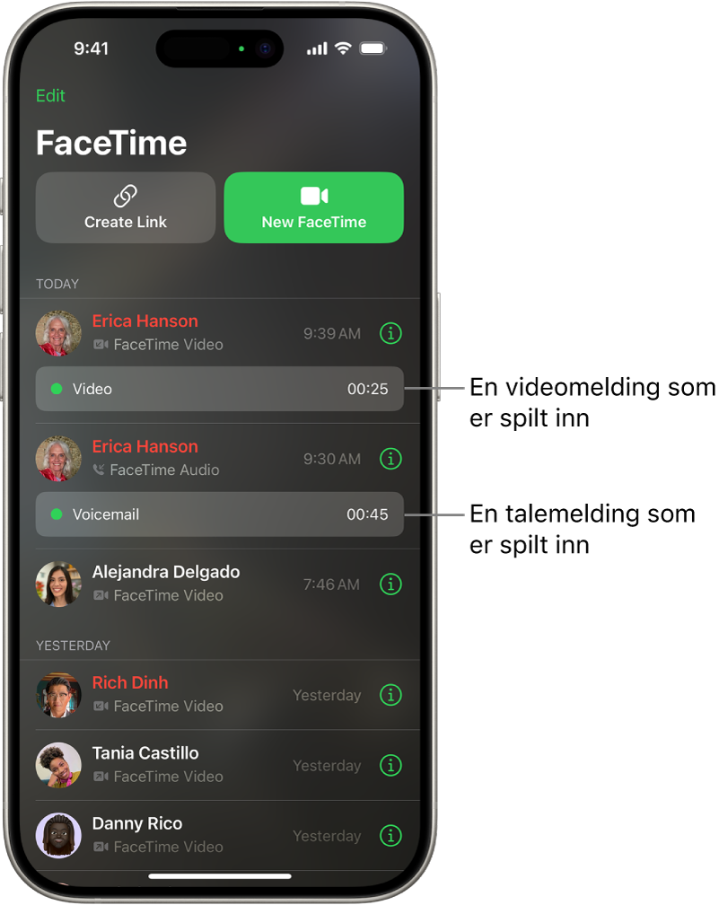 FaceTime-anropshistorikken med lenker til en innspilt videomelding og en beskjed.