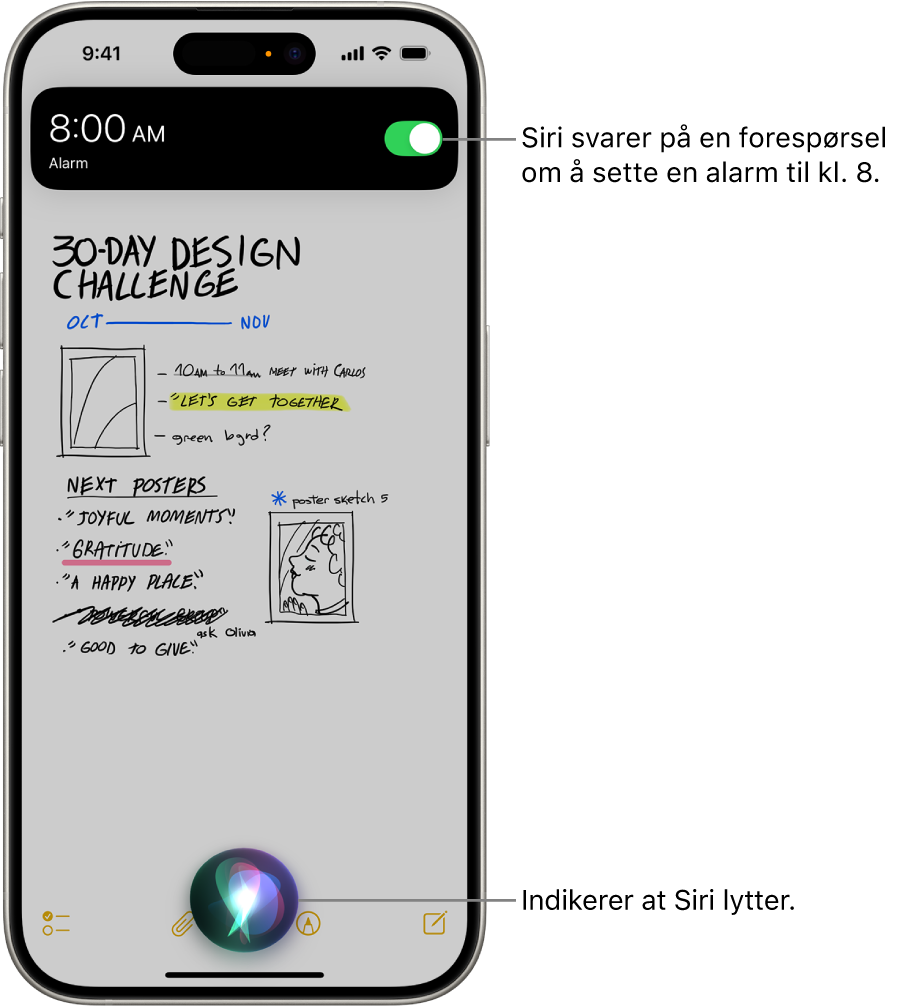 En iPhone-skjerm. Nær toppen av skjermen viser en varsling fra Klokke-appen at en alarm er satt på til klokken 08.00. Et symbol nederst på skjermen viser at Siri er aktiv.