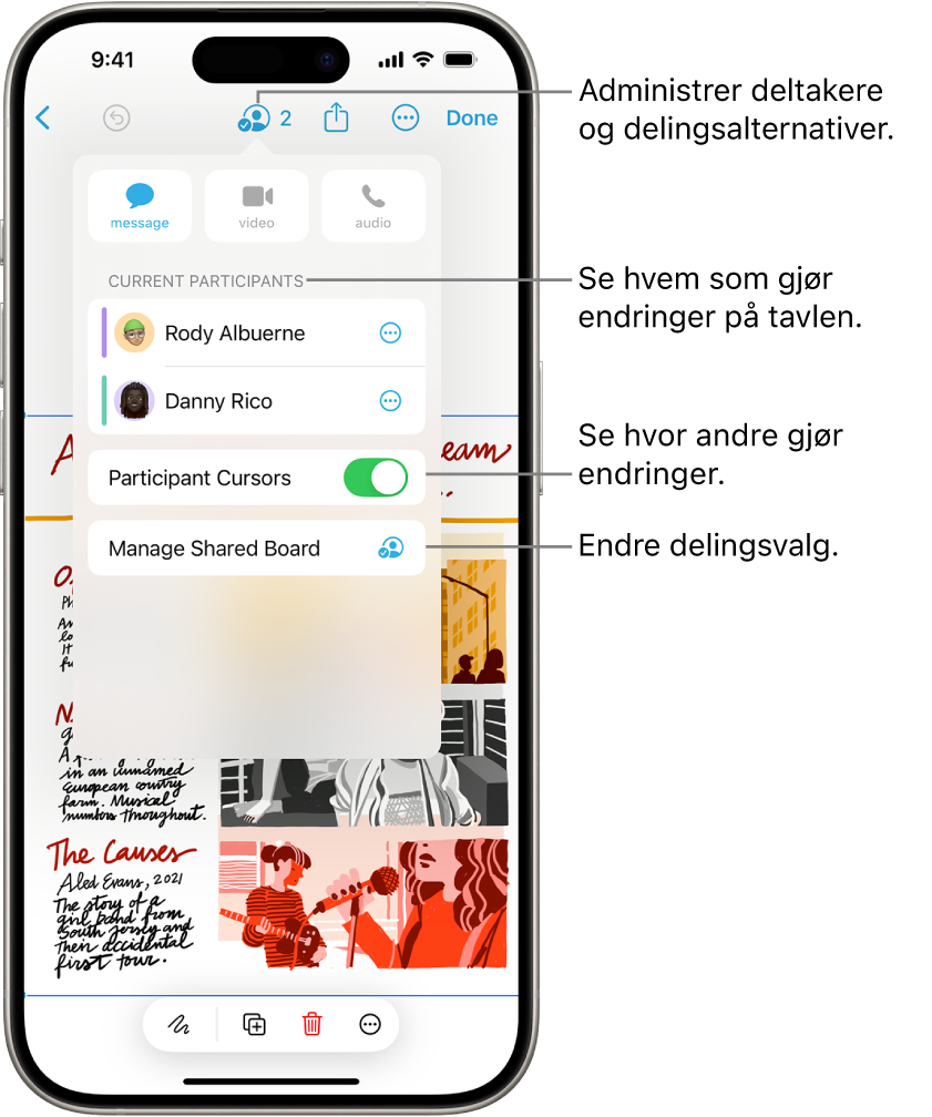 En delt Freeform-tavle på iPhone med samarbeidsmenyen åpen.