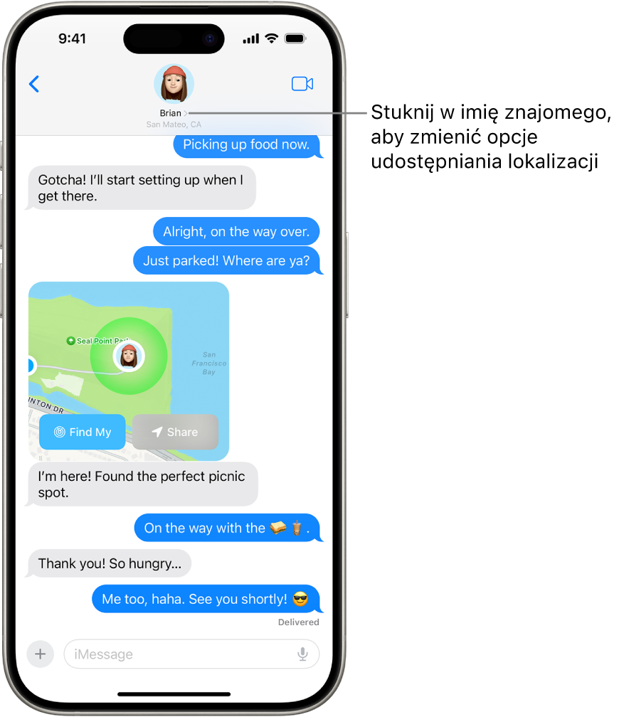 Rozmowa w Wiadomościach z udostępnionym położeniem używającym funkcji Znajdowanie dokładne.