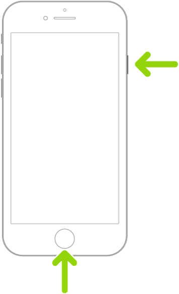 iPhone z Touch ID. Jedna strzałka wskazuje przycisk boczny, a druga strzałka wskazuje przycisk główny. Strzałki pokazują, jak wykonać zrzut ekranu.