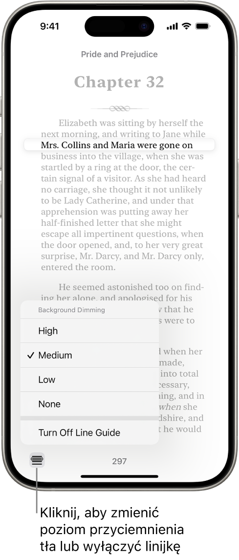 Strona książki w aplikacji Książki. Pojedynczy wiersz tekstu jest wyróżniony, a reszta strony jest wygaszona. W lewym dolnym rogu ekranu znajduje się przycisk Menu linijki.