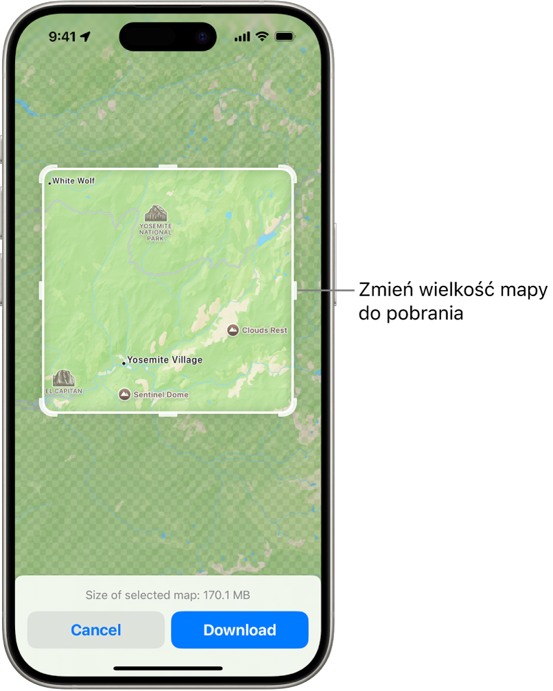 Mapa parku narodowego. Park otoczony jest prostokątem z uchwytami. Uchwyty te można przesunąć, aby zmienić wielkość mapy do pobrania. Wielkość mapy do pobrania wyświetlana jest na dole mapy. Na dole ekranu znajdują się przyciski Anuluj oraz Pobierz.