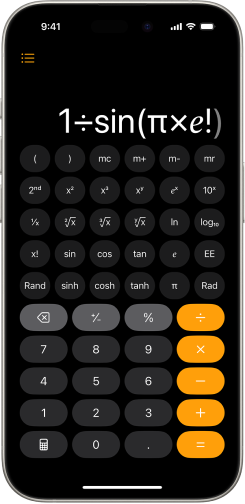 iPhone mostrando a calculadora científica com funções exponenciais, logarítmicas e trigonométricas.