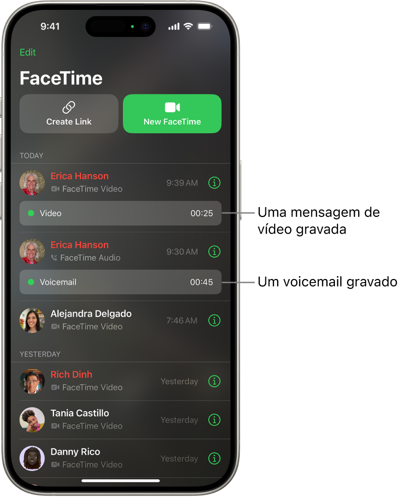 O histórico de ligações do FaceTime, com links para uma mensagem de vídeo gravada e um voicemail.