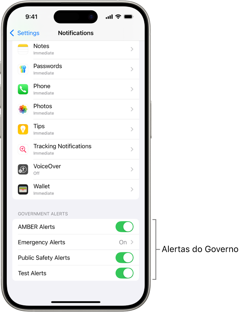 Tela de Notificações, mostrando os Alertas do Governo que você pode ativar para receber alertas do governo.