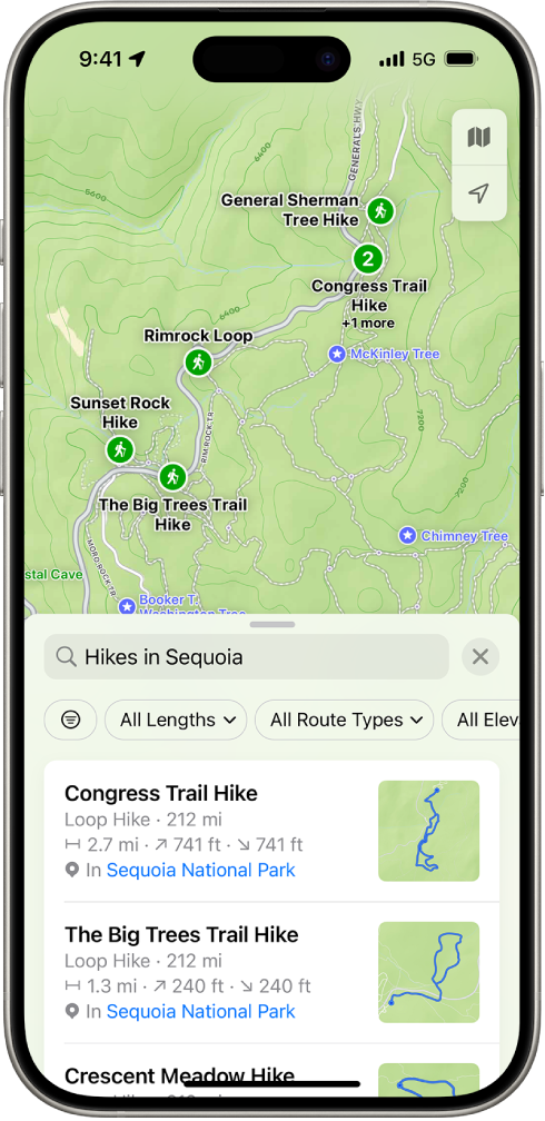 App mostrando resultados para uma busca de trilhas em um parque nacional.