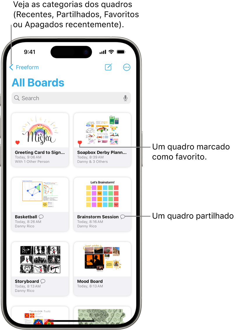 O ecrã “Todos os quadros” da aplicação Freeform está aberto e mostra oito miniaturas de quadros.