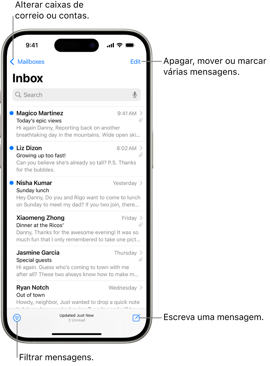 A caixa de entrada da aplicação Mail, com uma lista de e-mails.