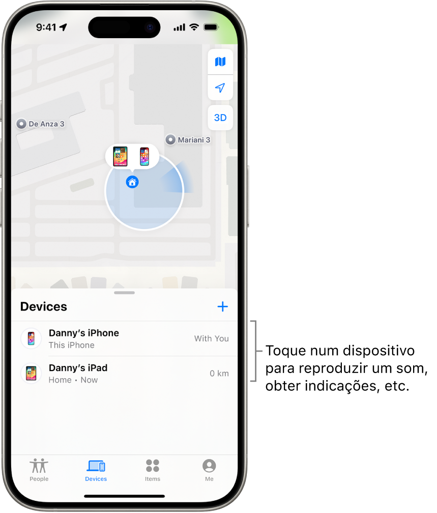 O ecrã de Encontrar, com a lista Dispositivos aberta. Há dois dispositivos na lista Dispositivos: iPhone do Sérgio e iPad do Sérgio. As localizações são mostradas num mapa.