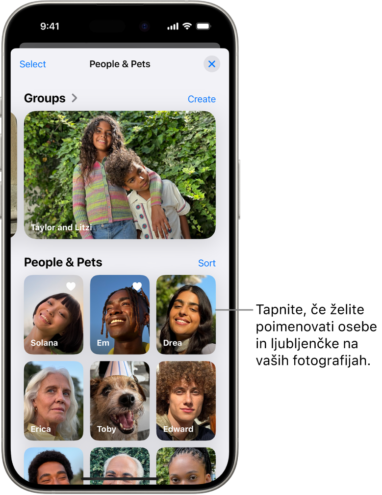 Zbirka Osebe in hišni ljubljenčki v aplikaciji Fotografije. Skupine se prikažejo na vrhu, osebe in hišni ljubljenčki pa spodaj.