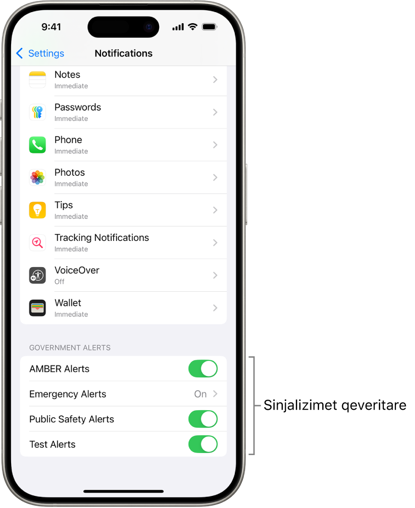 Ekrani Notifications, që tregon Government Alerts që mund t'i aktivizoni për të marrë sinjalizime qeveritare.