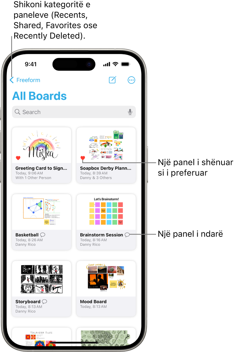 Ekrani All Boards i Freeform është i hapur dhe shfaq tetë miniatura panelesh.