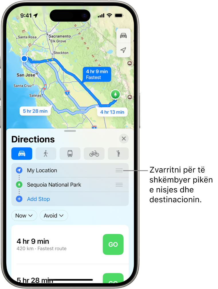 Një hartë me disa itinerare të mundshme për udhëzimet e lëvizjes midis My Location dhe një destinacioni.