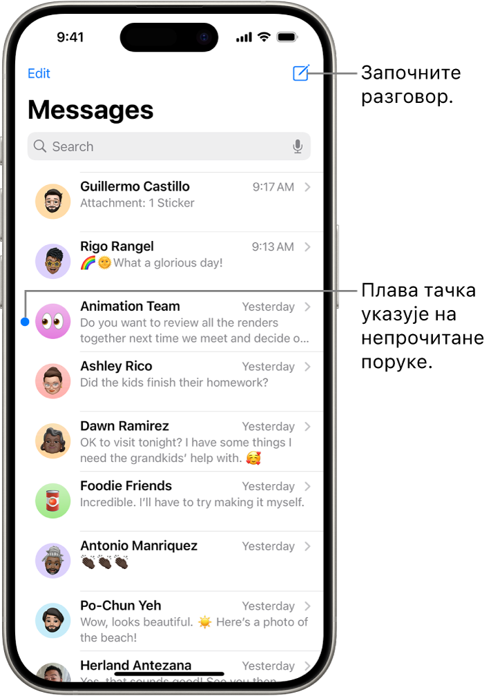 Листа преписки у апликацији Messages са дугметом Compose у горњем десном углу. Плава тачка са леве стране поруке указује на непрочитану поруку.