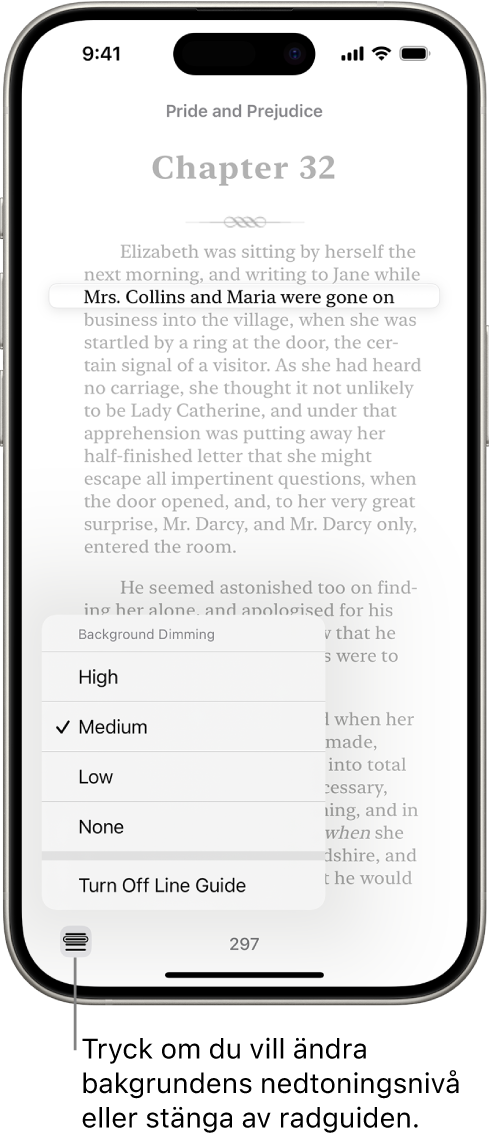 En sida i en bok i appen Böcker. En enda rad med text är markerad och resten av texten är nedtonad. I det nedre vänstra hörnet av skärmen finns menyknappen Radguide.