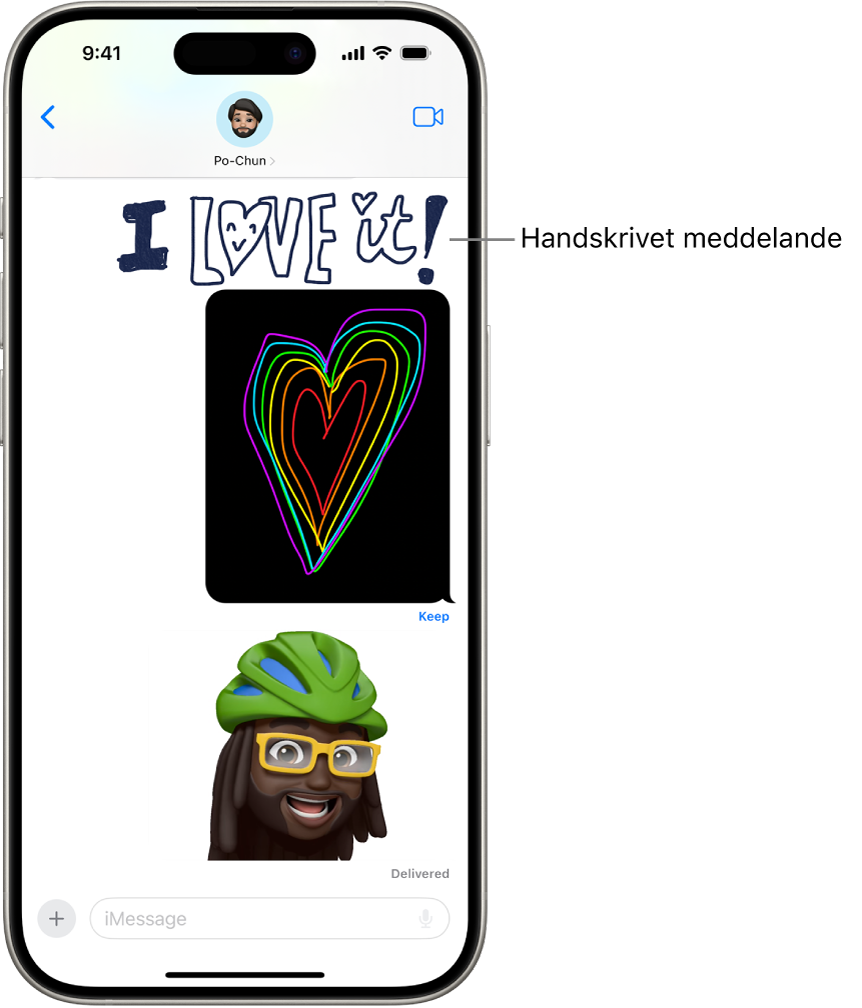 En konversation i Meddelanden med animeringar: ett handskrivet meddelande, Digital Touch och animerad Memoji.