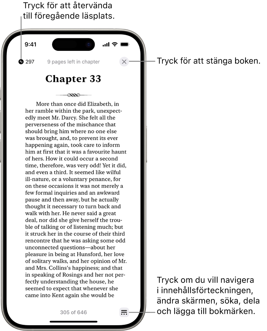 En sida i en bok i appen Böcker. Högst upp på skärmen finns knapparna för att återgå till den sida där du började läsa och för att stänga boken. Längst ned till höger på skärmen finns menyknappen.