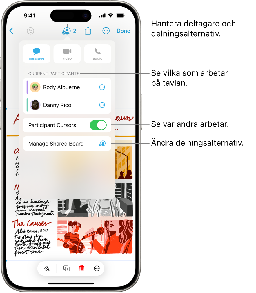 En delad Freeform-tavla på en iPhone med samarbetsmenyn öppen.