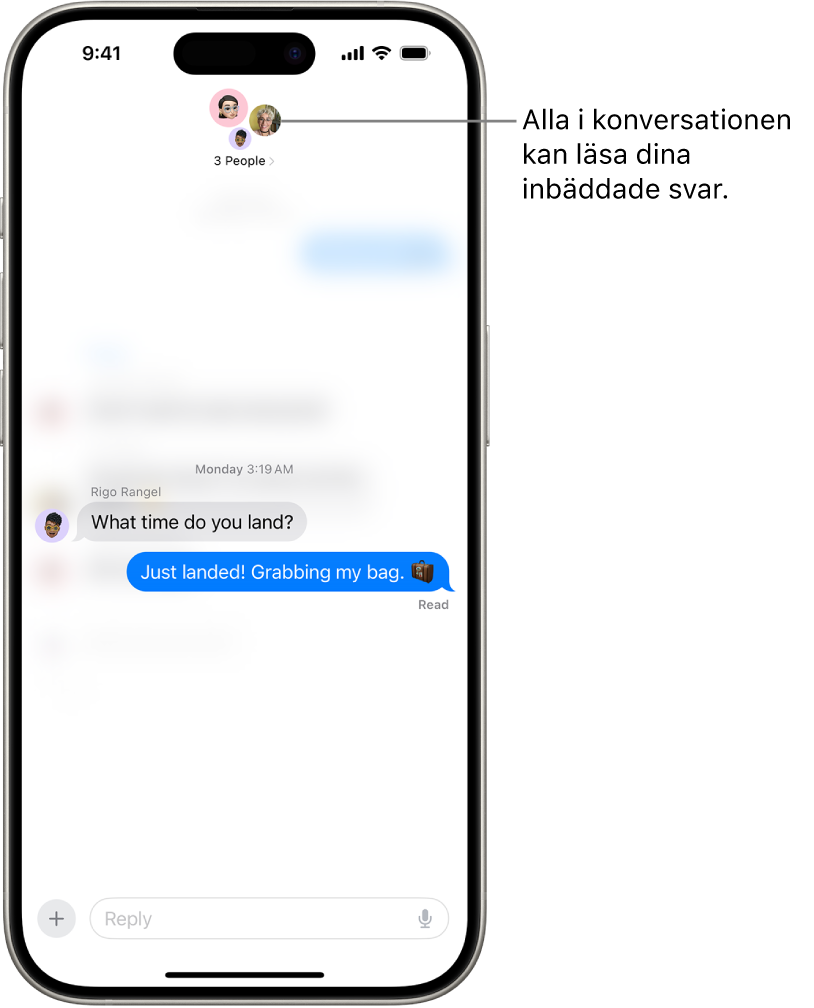 Ett inbäddat svar skrivs inuti en gruppkonversation i Meddelanden. Symboler för personerna i gruppen finns överst på skärmen. Skärmtangentbordet finns i den nedre halvan av skärmen. Det mesta av konversationen är suddig utom viss text som någon svarar på med ett inbäddat svar.