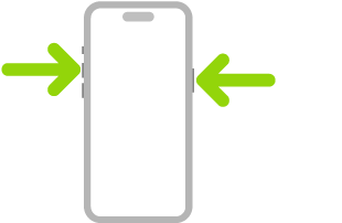 En illustration av iPhone med pilar som pekar mot sidoknappen i det övre högra hörnet och volymhöjningsknappen i det övre vänstra hörnet.