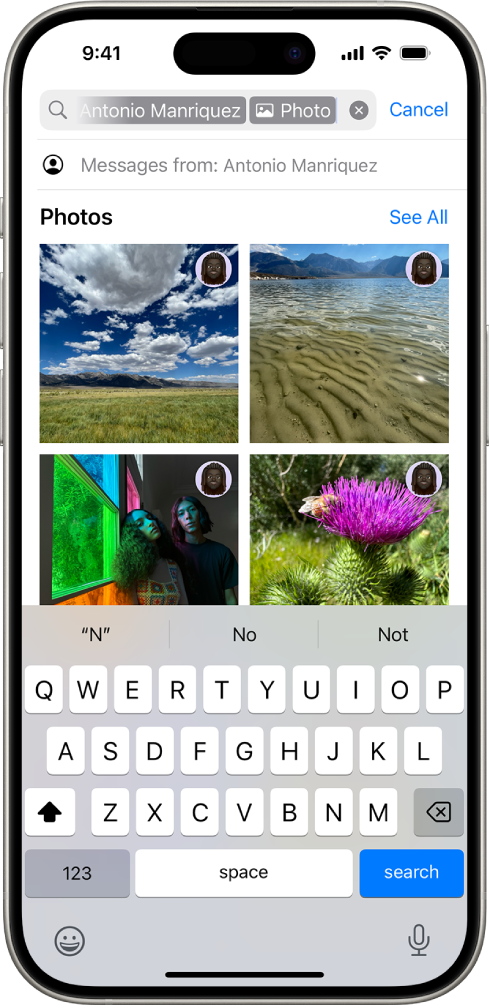 Mesajlar uygulamasındaki arama alanı. Arama alanı, aramayı bir kişinin gönderdiği fotoğraflarla sınırlayan bir etiket içeriyor.