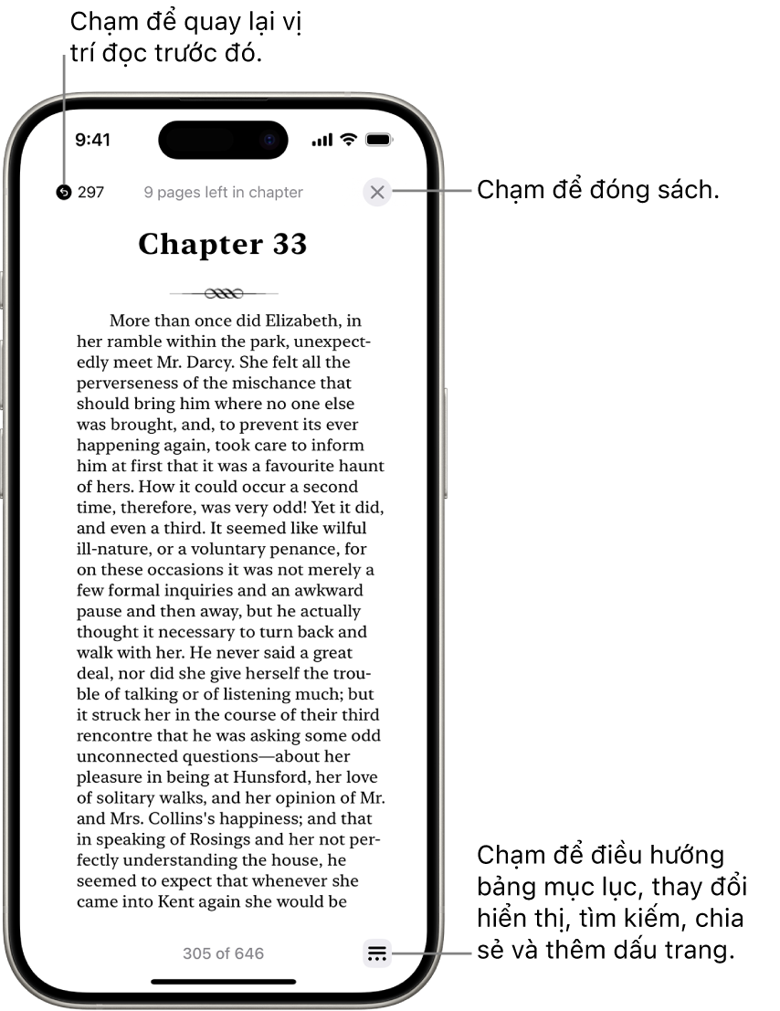 Một trang sách trong ứng dụng Sách. Ở đầu màn hình là các nút để quay lại trang mà bạn đã bắt đầu đọc và để đóng sách. Ở dưới cùng bên phải của màn hình là nút Menu.