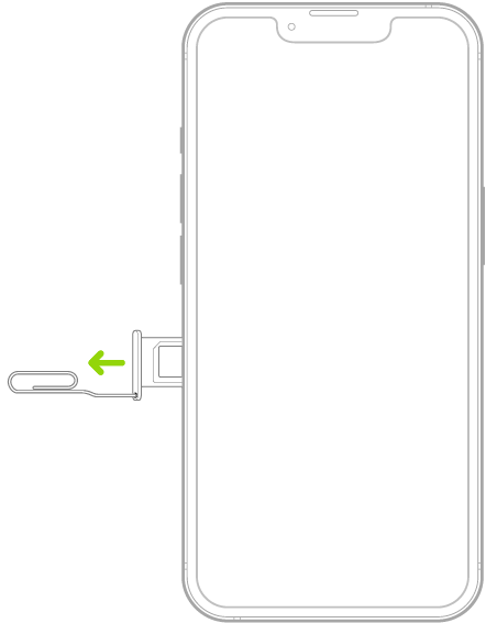 Một SIM đang được lắp vào khay trên iPhone; góc được vát nằm ở phía trên bên trái.