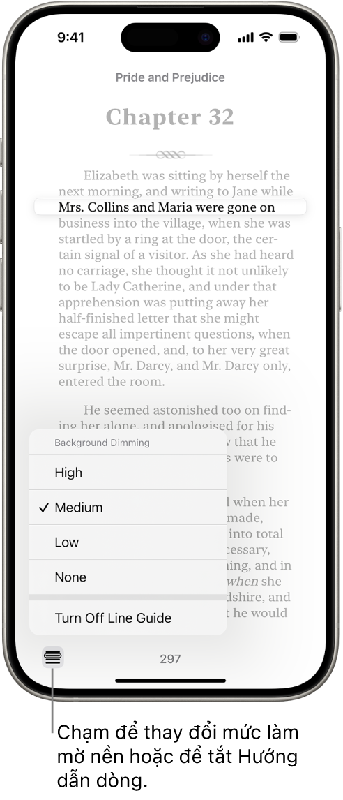 Một trang sách trong ứng dụng Sách. Một dòng văn bản được tô sáng và phần còn lại của văn bản bị mờ. Ở góc dưới cùng bên trái của màn hình là nút Menu Hướng dẫn dòng.