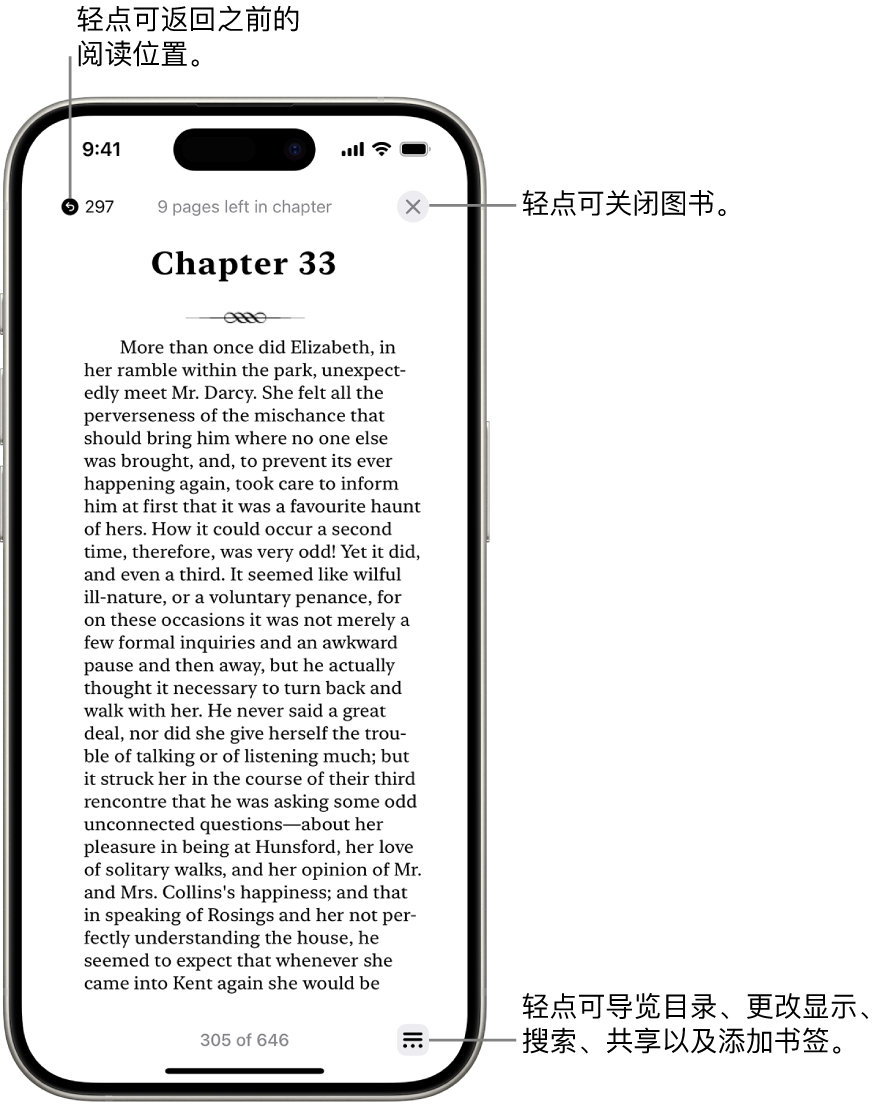 “图书” App 中的图书页面。屏幕顶部是用于返回开始阅读的页面和关闭图书的按钮。屏幕右下方是“菜单”按钮。