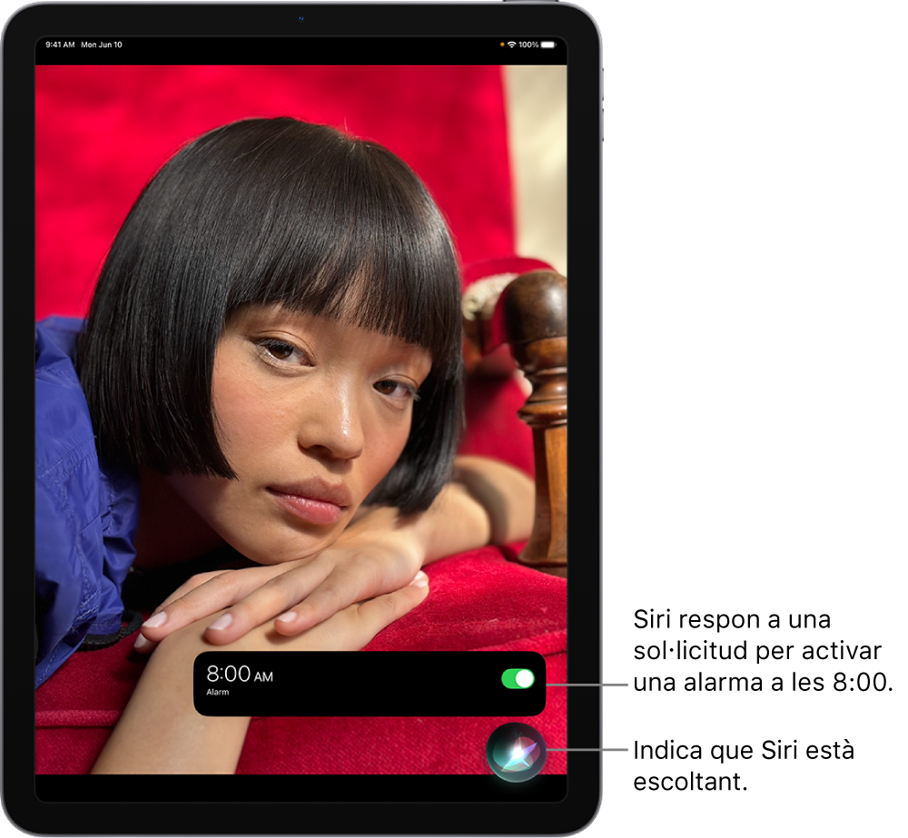La pantalla d'un iPad. Cap a la part inferior de la pantalla, una notificació de l’app Rellotge indica que hi ha una alarma activada per a les 8:00 h. A sota de la notificació, una icona indica que Siri està escoltant.