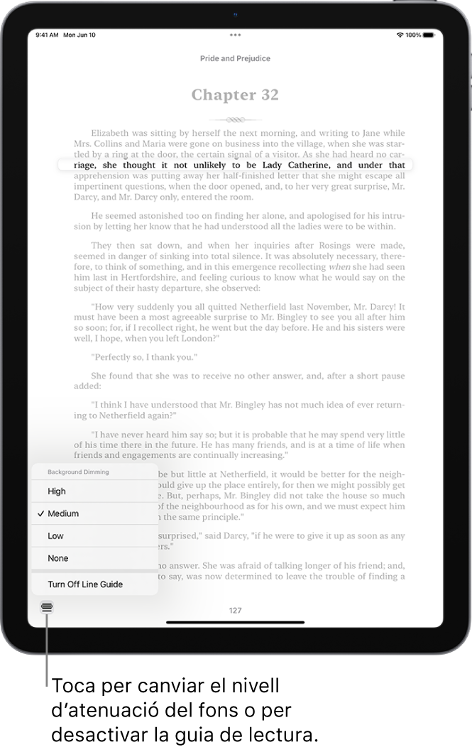 Pàgina d’un llibre a l’app Llibres. Es ressalta una sola línia de text i la resta s’atenua. A la part inferior esquerra de la pantalla hi ha el botó “Menú de la guia de lectura”.