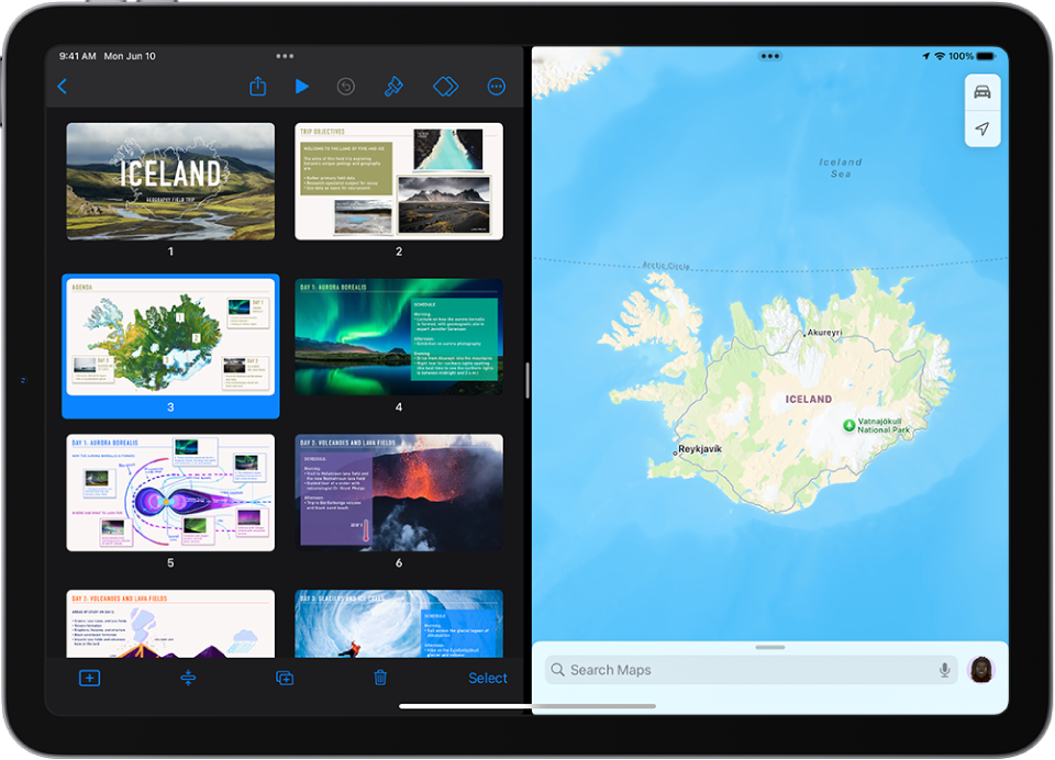 Appen Keynote er åben i venstre side af skærmen, og appen Kort er åben i højre side. Mellem appsene er en justerbar skillelinje, som bruges til at redigere størrelsen på opdelingen i Split View.