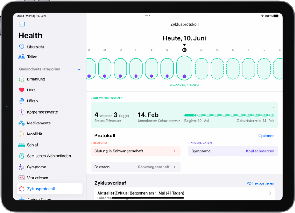 Der Bildschirm „Zyklusprotokoll“ mit einer Schwangerschaftszeitleiste für eine Woche im oberen Bereich. Die ersten 7 Tage der Zeitleiste sind mit hellgrünen Ovalen und violetten Punkten markiert. Die übrigen Tage der Zeitleiste sind mit gestrichelten hellgrünen Ovalen markiert. Unter der Zeitleiste befindet sich die Schwangerschaftsübersicht mit dem Schwangerschaftsalter, dem Anfangsdatum und dem berechneten Geburtstermin. Unter der Schwangerschaftsübersicht befinden sich Optionen zum Hinzufügen von Informationen über Blutungen während der Schwangerschaft, Symptome und mehr.