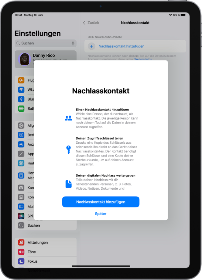 Der Bildschirm „Nachlasskontakt“ mit Informationen über die Funktion. Die Taste „Nachlasskontakte hinzufügen“ befindet sich unten.