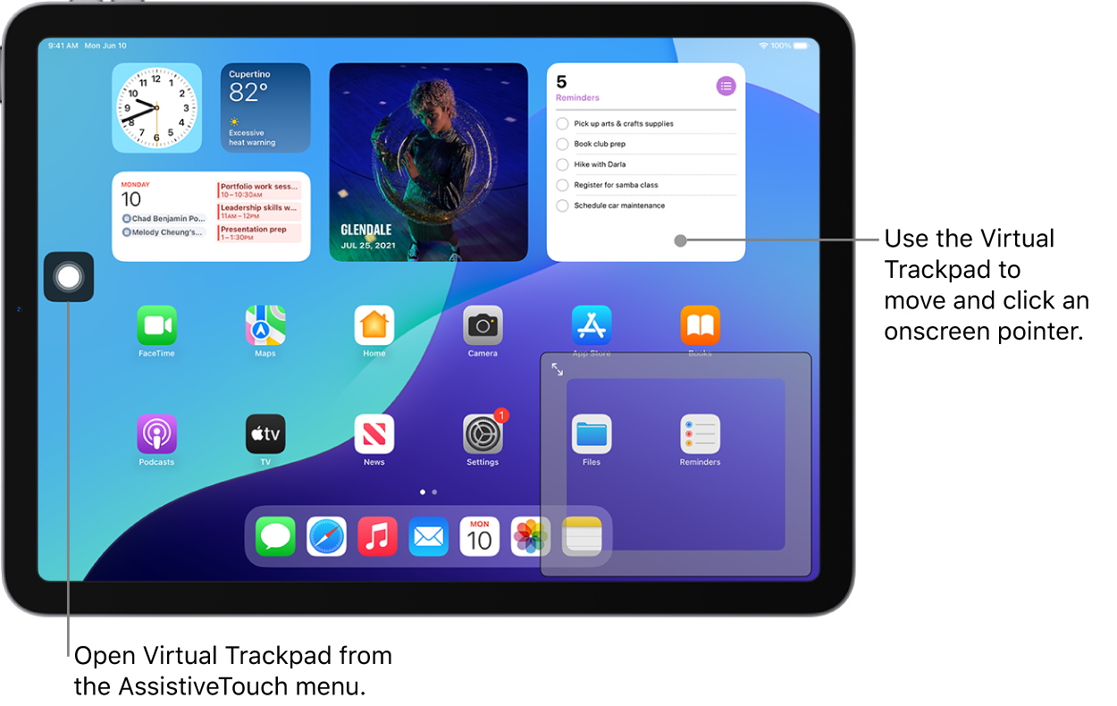 An iPad with a virtual trackpad displayed in the corner of the screen. Also on the screen are the AssistiveTouch menu (which is used to open the trackpad) and the pointer (which is controlled by the trackpad).