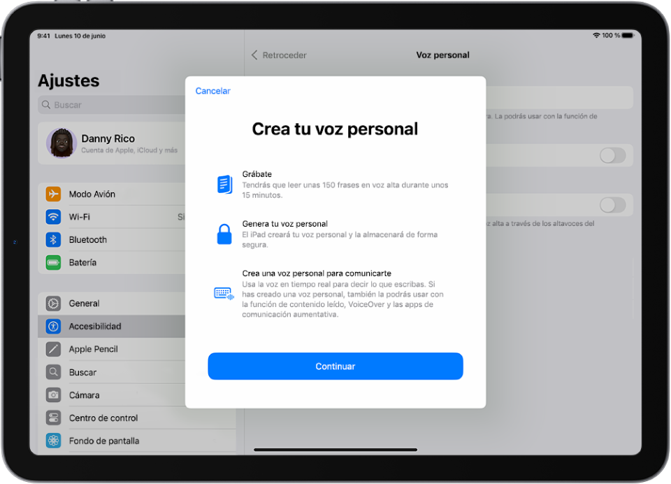 iPad con información sobre cómo crear una voz personal.