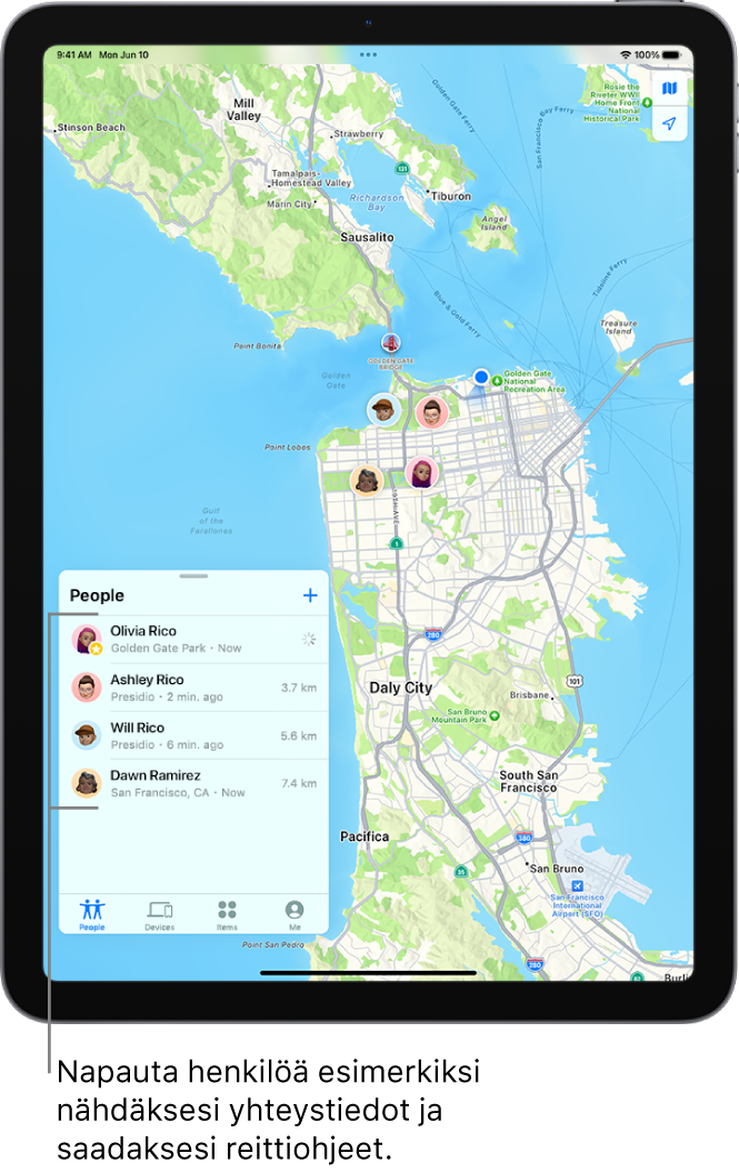 Etsi­apin näytöllä on auki Käyttäjät-luettelo. Käyttäjät-luettelossa on neljä henkilöä: Ashley Rico, Olivia Rico, Dawn Ramirez ja Will Rico. Sijainnit näkyvät San Franciscon kartalla.