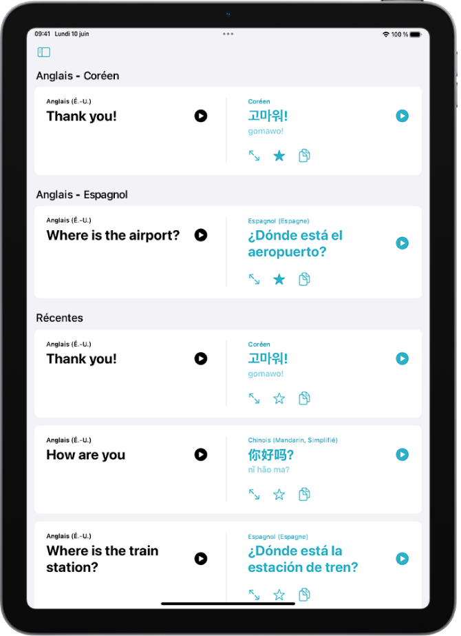 Onglet Favorites affichant des phrases enregistrées traduites de l’anglais vers le coréen et de l’anglais vers l’espagnol. Sous Récentes figurent des phrases traduites récemment.