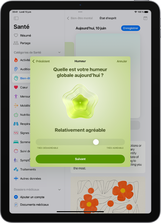 Écran de l’app Santé indiquant que l’humeur actuelle est Relativement agréable. En bas de l’écran, un curseur permet de régler le niveau de l’émotion.
