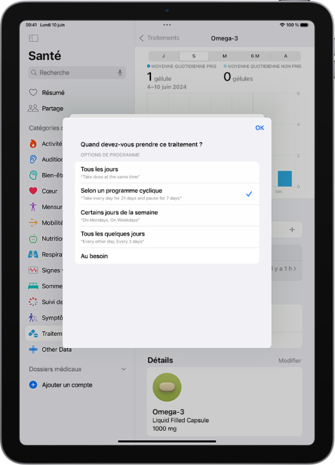 L’écran Traitements dans Santé affichant des options permettant de modifier le programme d’un traitement.