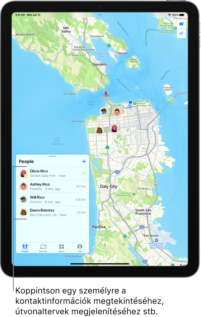 A Lokátor képernyője, amelyen a Személyek lista van megnyitva. A listán négy személy neve látható: Róbert Anita, Róbert Olívia, Balogh Erzsébet és Róbert Péter. Az eszközök helyzete San Francisco térképén látható.