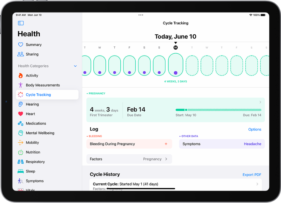 Layar Pelacakan Siklus dengan garis waktu kehamilan untuk seminggu di bagian atas layar. Oval hijau muda dan titik ungu menandakan 7 hari pertama di garis waktu. Oval hijau muda putus-putus menandakan hari lainnya di garis waktu. Di bawah garis waktu terdapat ringkasan kehamilan yang menampilkan umur kehamilan, tanggal mulai, dan estimasi tanggal melahirkan. Di bawah ringkasan kehamilan waktu terdapat pilihan untuk menambahkan informasi mengenai pendarahan selama kehamilan, gejala, dan lainnya.