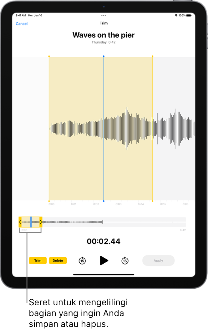 Rekaman sedang diedit, dengan pengendali pemangkasan kuning melampirkan bagian bentuk gelombang audio di bagian bawah layar. Di sebelah kiri kontrol Pemutaran terdapat tombol Pangkas (untuk menghapus bagian rekaman di luar pengendali) dan tombol Hapus (untuk menghapus bagian rekaman di luar pengendali).