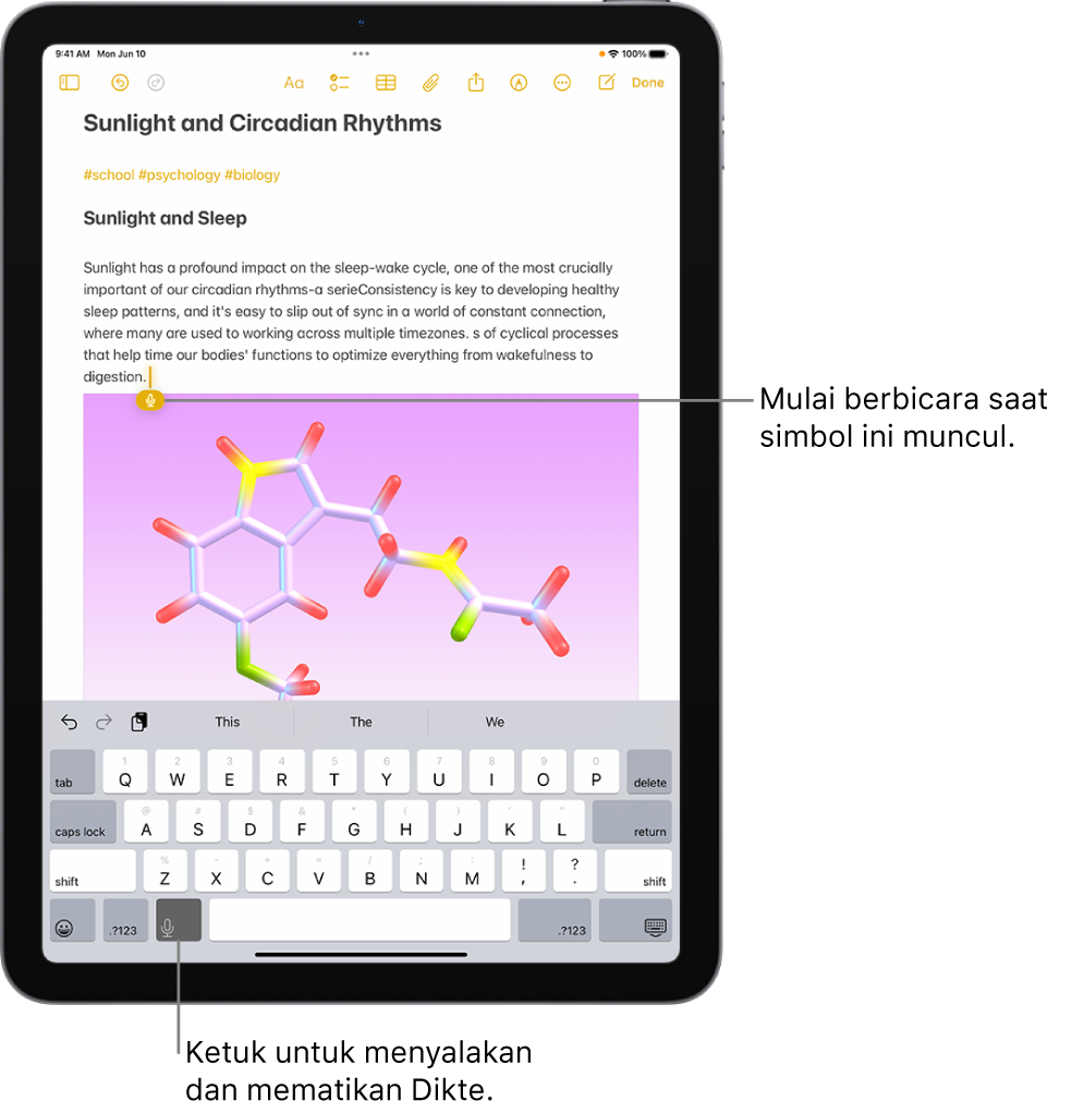 Papan ketik pada layar terbuka di app Catatan. Tombol Dikte di bagian bawah papan ketik dipilih dan tombol Dikte muncul di bawah titik penyisipan di bidang teks.