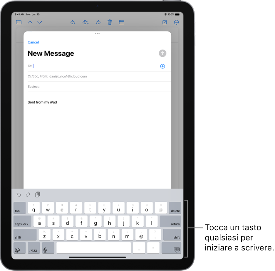 Nell’app Mail è presente un’email vuota. Nella metà inferiore è presente la tastiera su schermo.