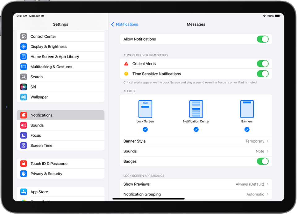 iPad con le impostazioni di Messaggi per le notifiche e gli avvisi.