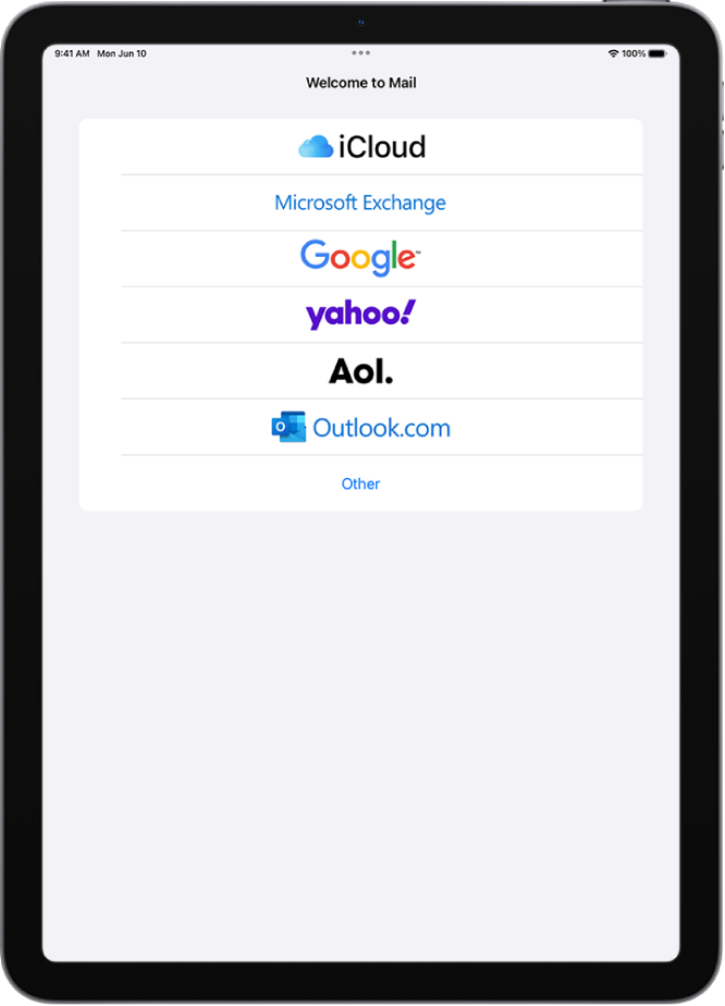 iCloud, Microsoft Exchange, Google, Yahoo, AOL 및 다른 Mail 계정처럼 이메일 계정 유형을 선택하는 옵션이 있는 계정 추가 화면.