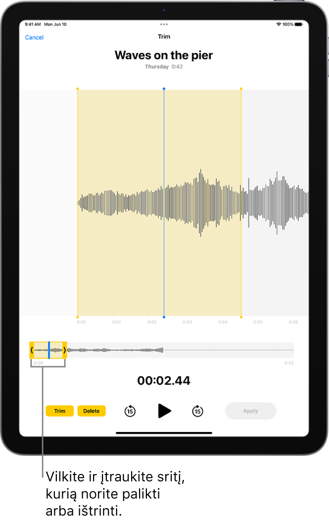 Įrašas redaguojamas su geltonais apkarpymo žymekliais, žyminčiais garso bangos formos dalį ekrano apačioje. Kairėje atkūrimo valdiklių pusėje yra mygtukas „Apkarpyti“ (skirtas įrašo daliai, esančiai už apkarpymo žymeklių, nutrinti) ir mygtukas „Trinti“ (skirtas įrašo daliai, esančiai už apkarpymo žymeklių, pašalinti).